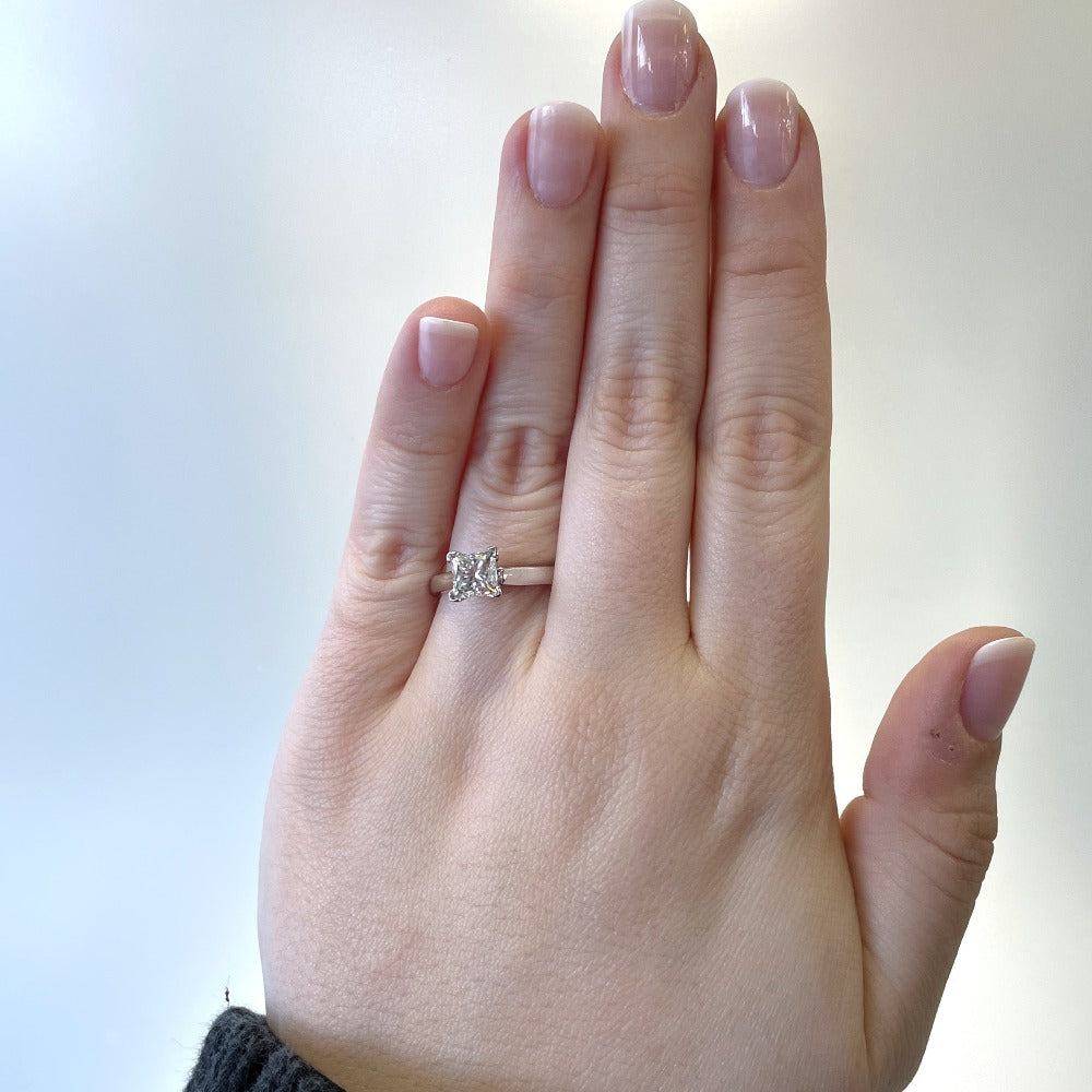 14kw 1.56ct princess cut diamond solitaire engagement ring on model