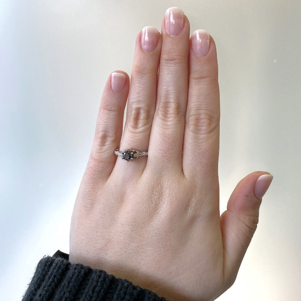 14kw Black Diamond engagement ring on model