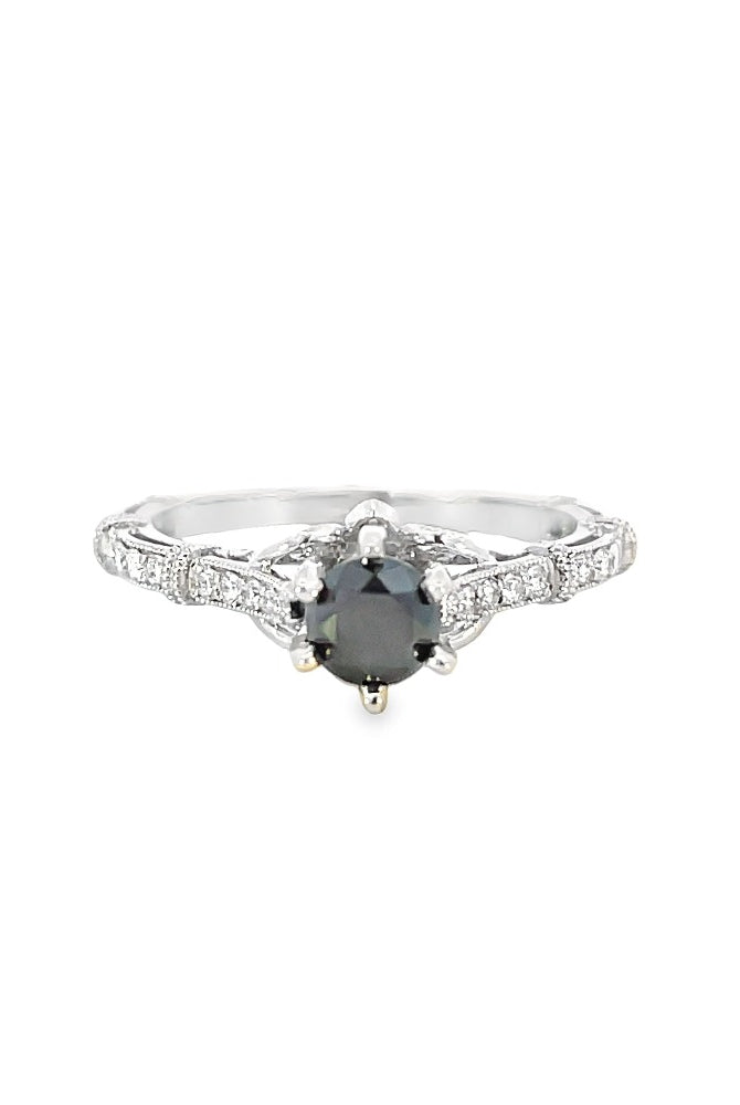 front view of 14kw black diamond engagement ring with white diamond acccents.