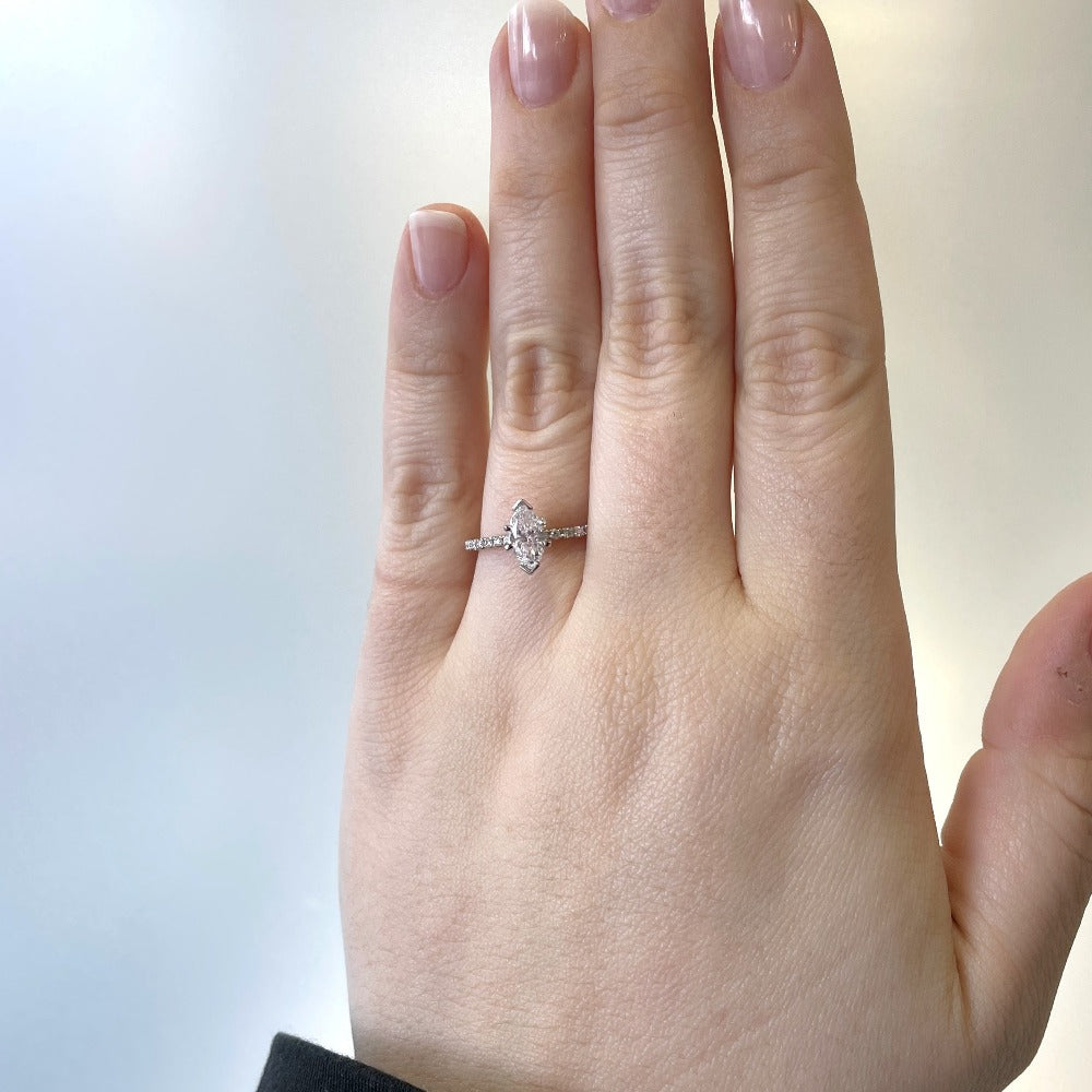 14kw marquise cut diamond solitaire engagement ring on model