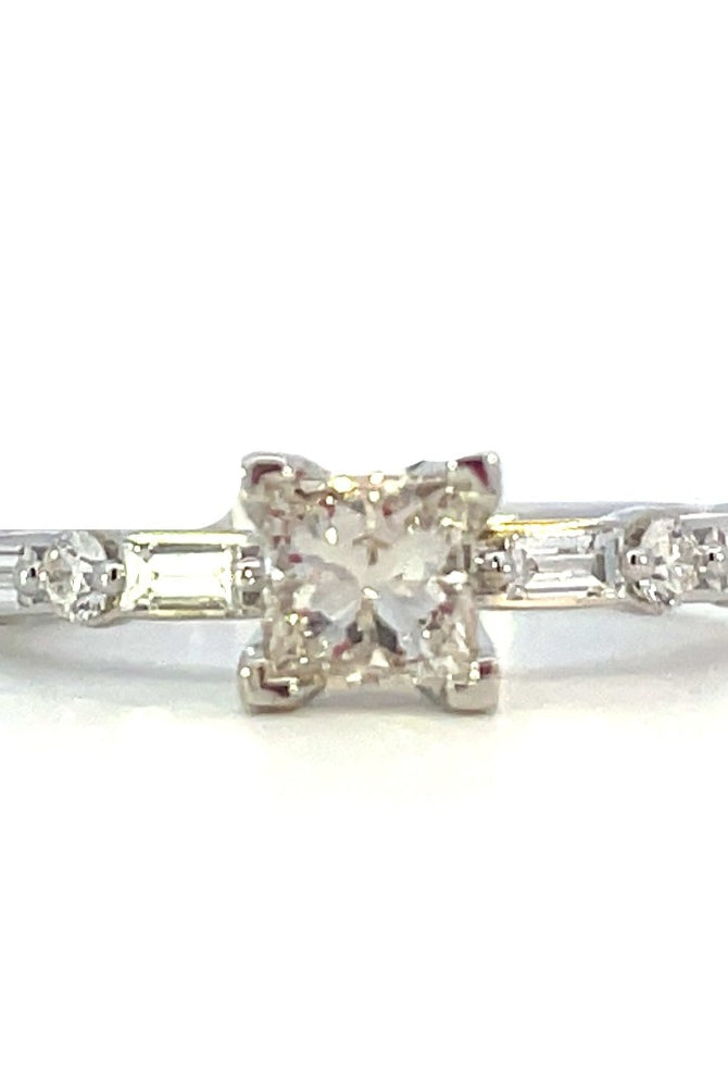 14KW Diamond Engagement Ring with Baguette and Round Accents .83 CTW