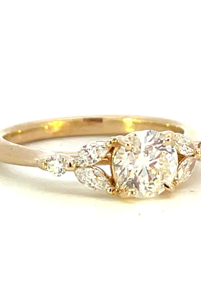 14K Yellow Gold Round and Marquise Diamond Engagement Ring .91 CTW side 1
