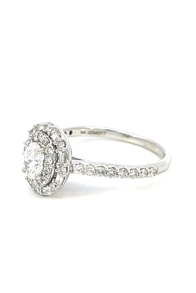 side view of 14kw oval double halo engagement ring.
