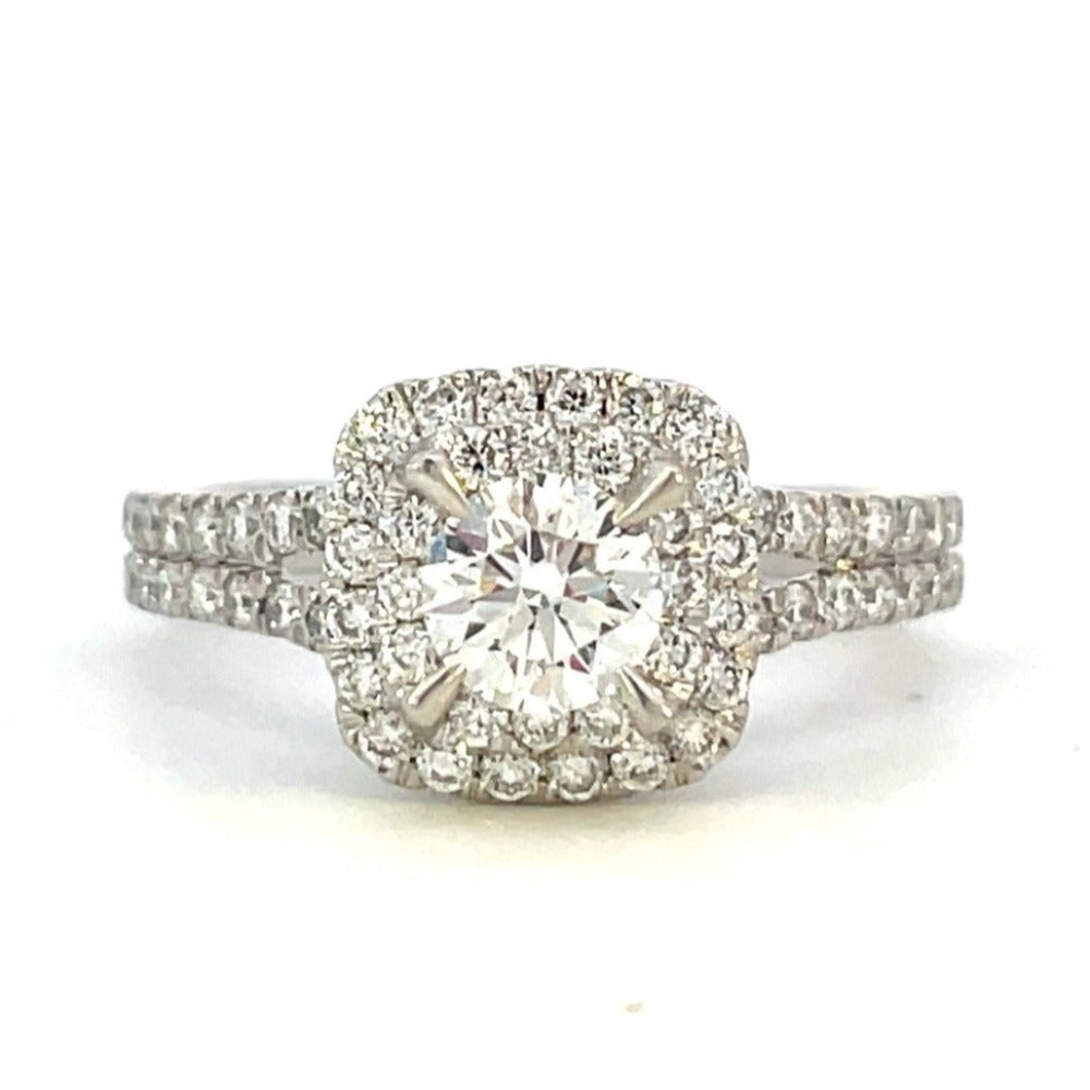 1.15 CTW Lab Grown Diamond Ring with Square Shaped Double Halo and Split Shank