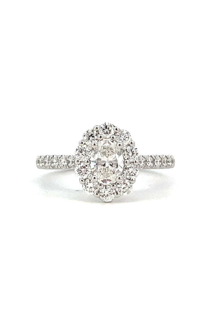 front view of oval lab grown diamond halo style engagement ring.
