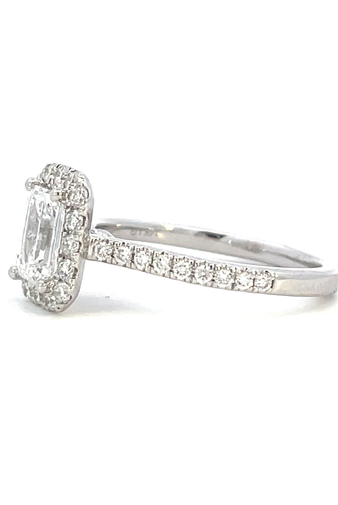 side profile view of emerald cut lab grown diamond engagement ring.