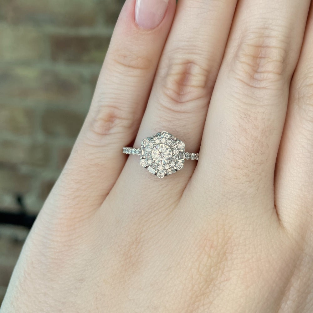 closer view of 14kw double halo engagement ring on model