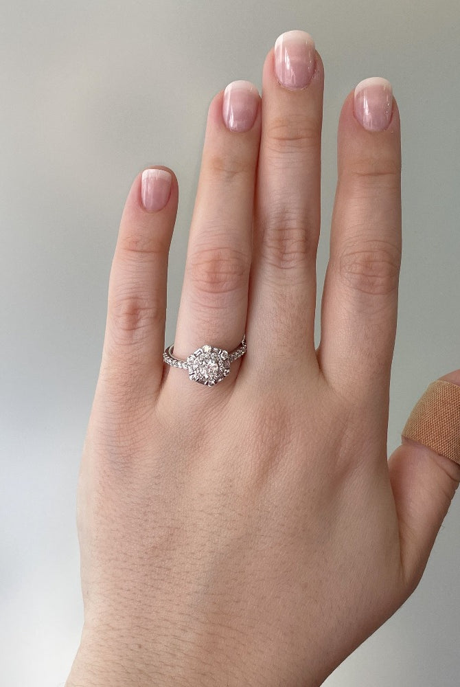 14kw double halo engagement ring on model