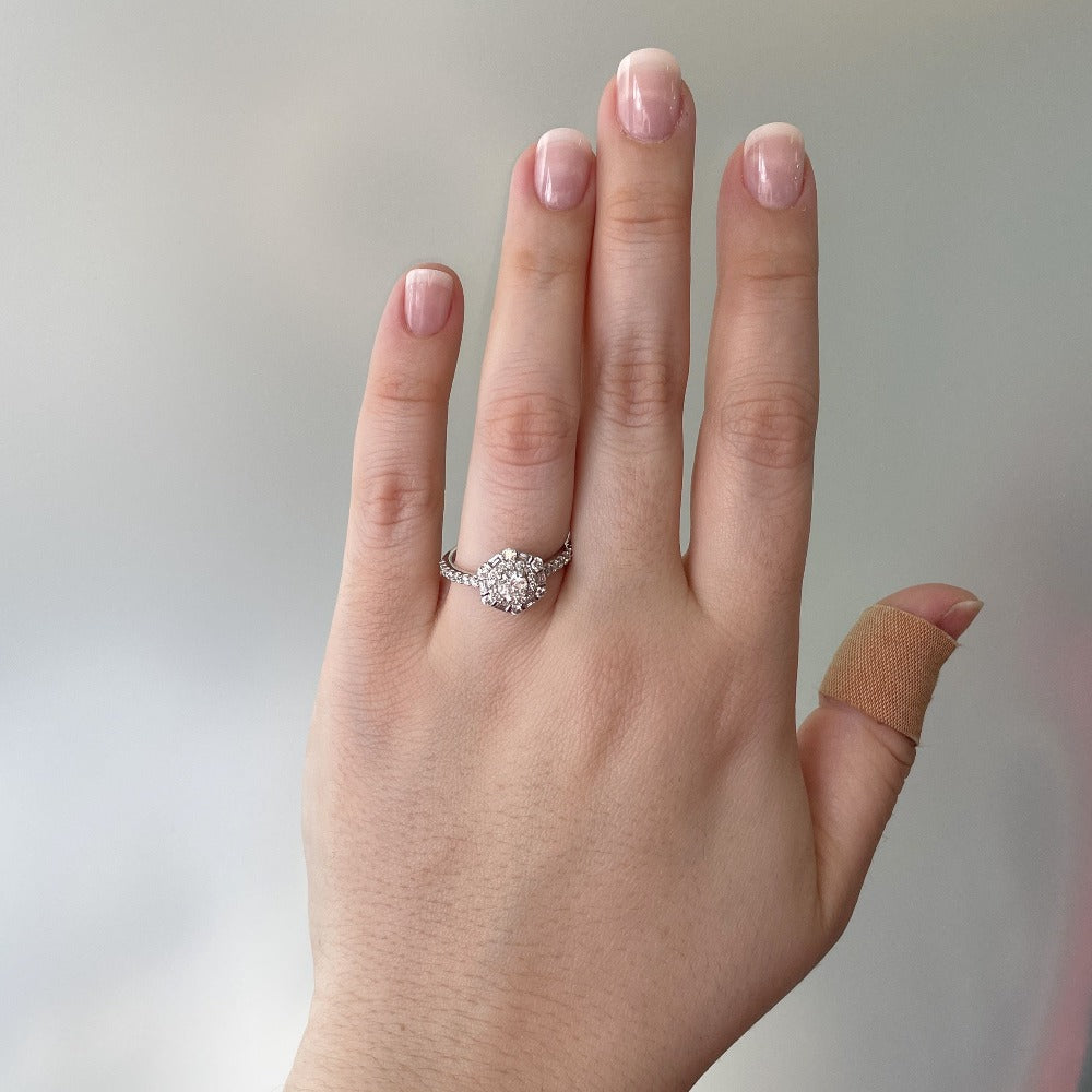 14kw double halo engagement ring on model