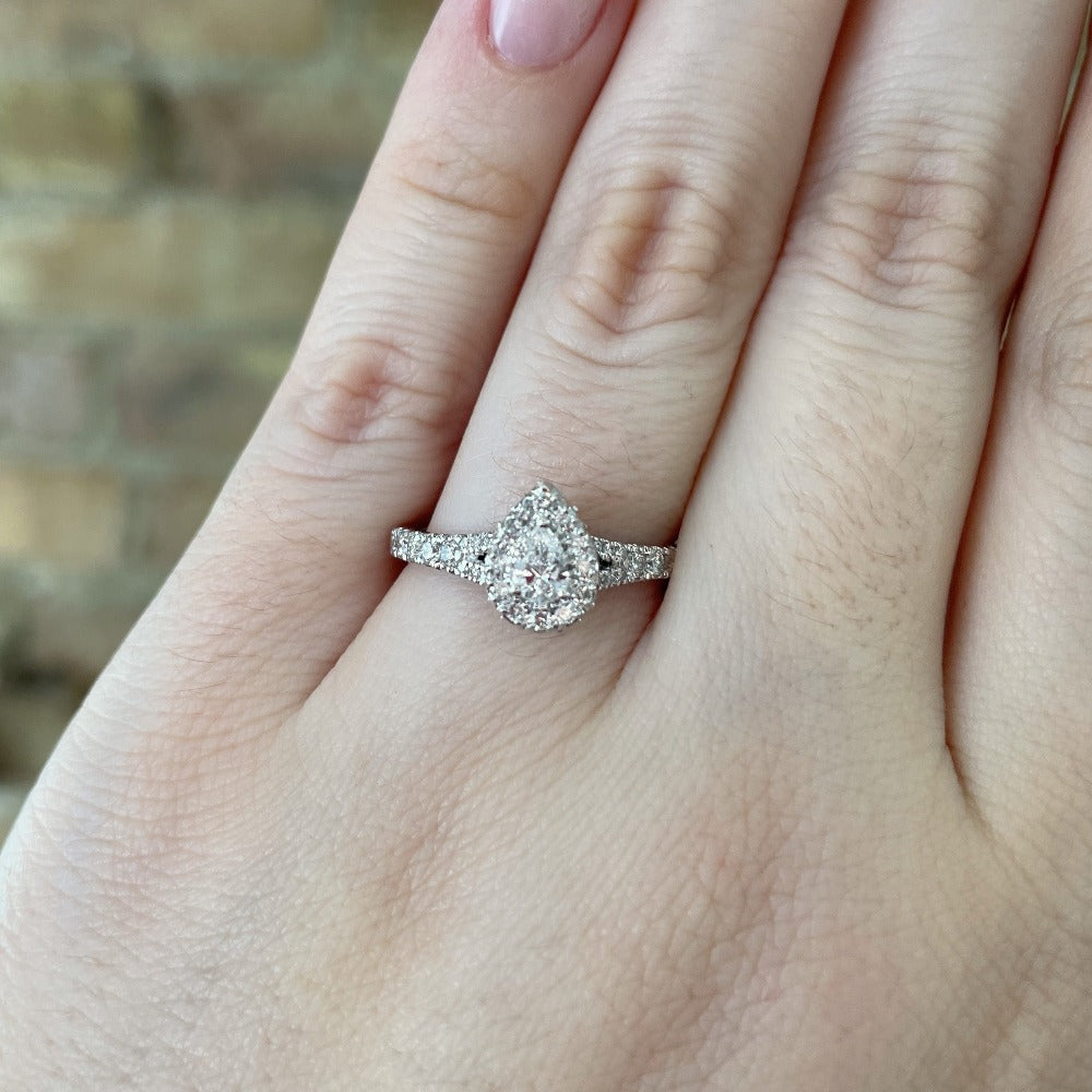 closer, more detailed view of engagement ring on model