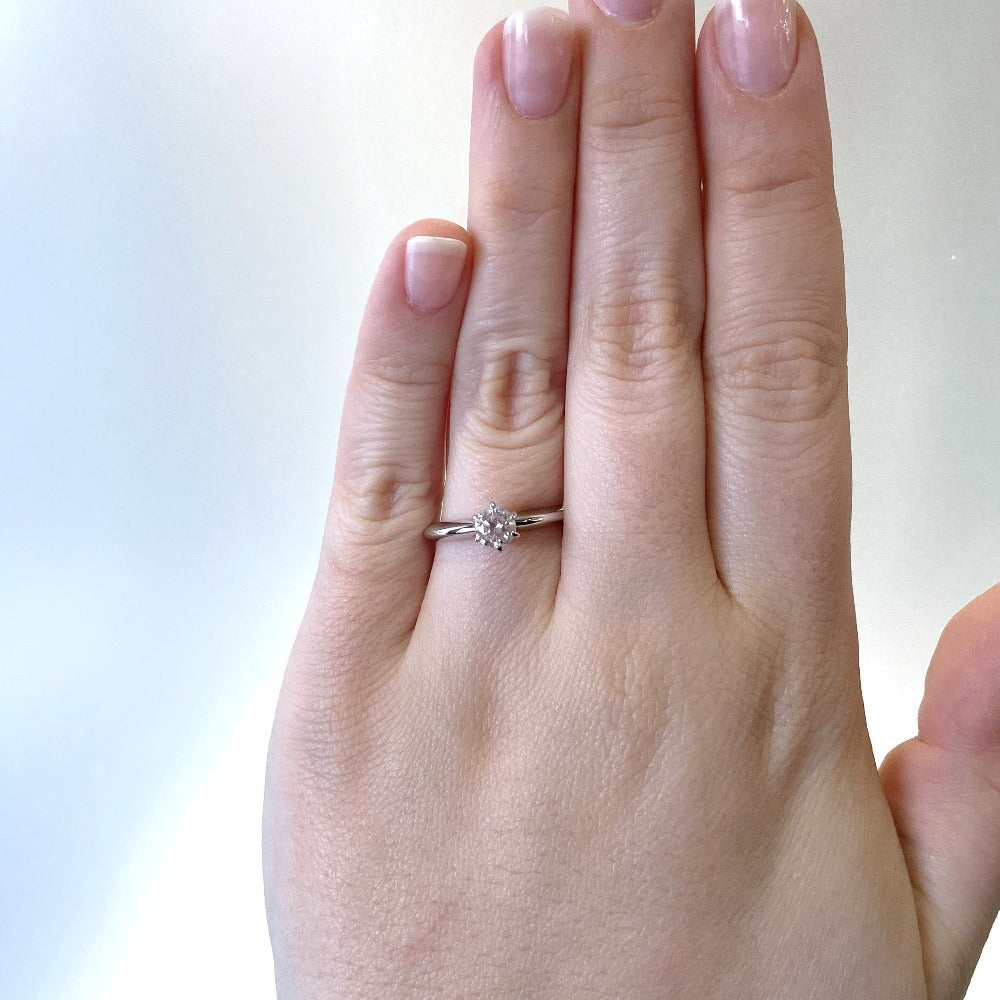 14kw .46ct round diamond solitaire engagement ring on model