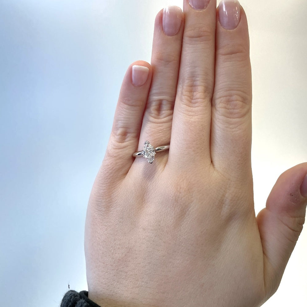 14kw 1ct marquise cut diamond solitaire engagement ring on model