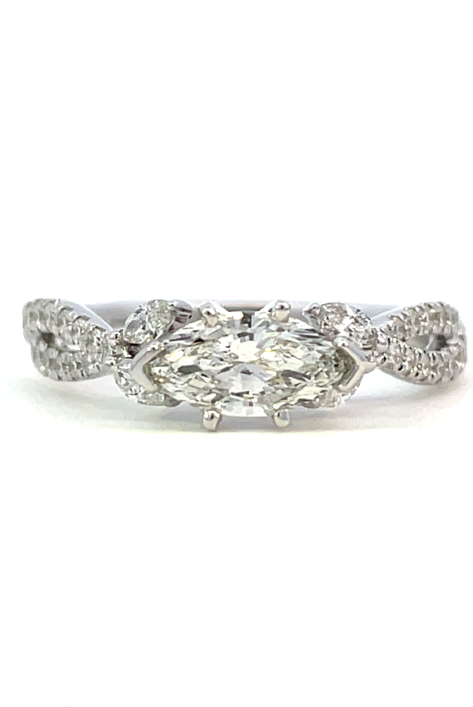 front view of 14kw sallyK marquise center engagement ring.