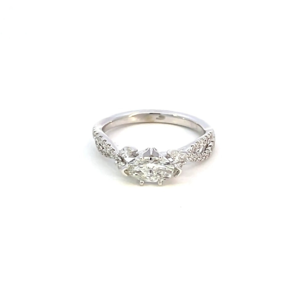 top view of 14ky SallyK diamond engagement ring with marquise center and twist shank