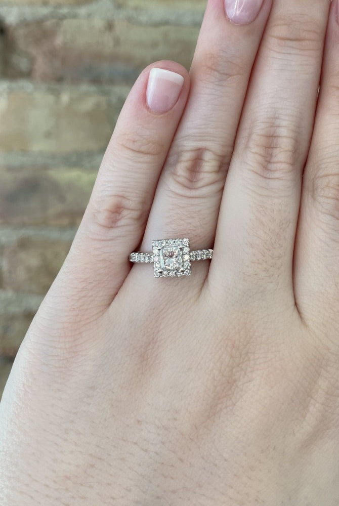 14kw princess cut halo style engagement ring on model