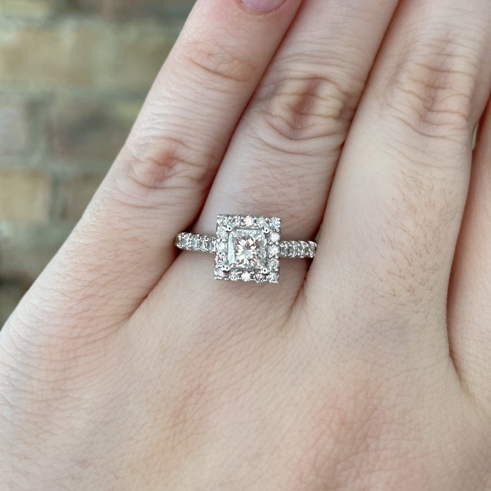 closer view of 14kw halo style princess cut engagement ring