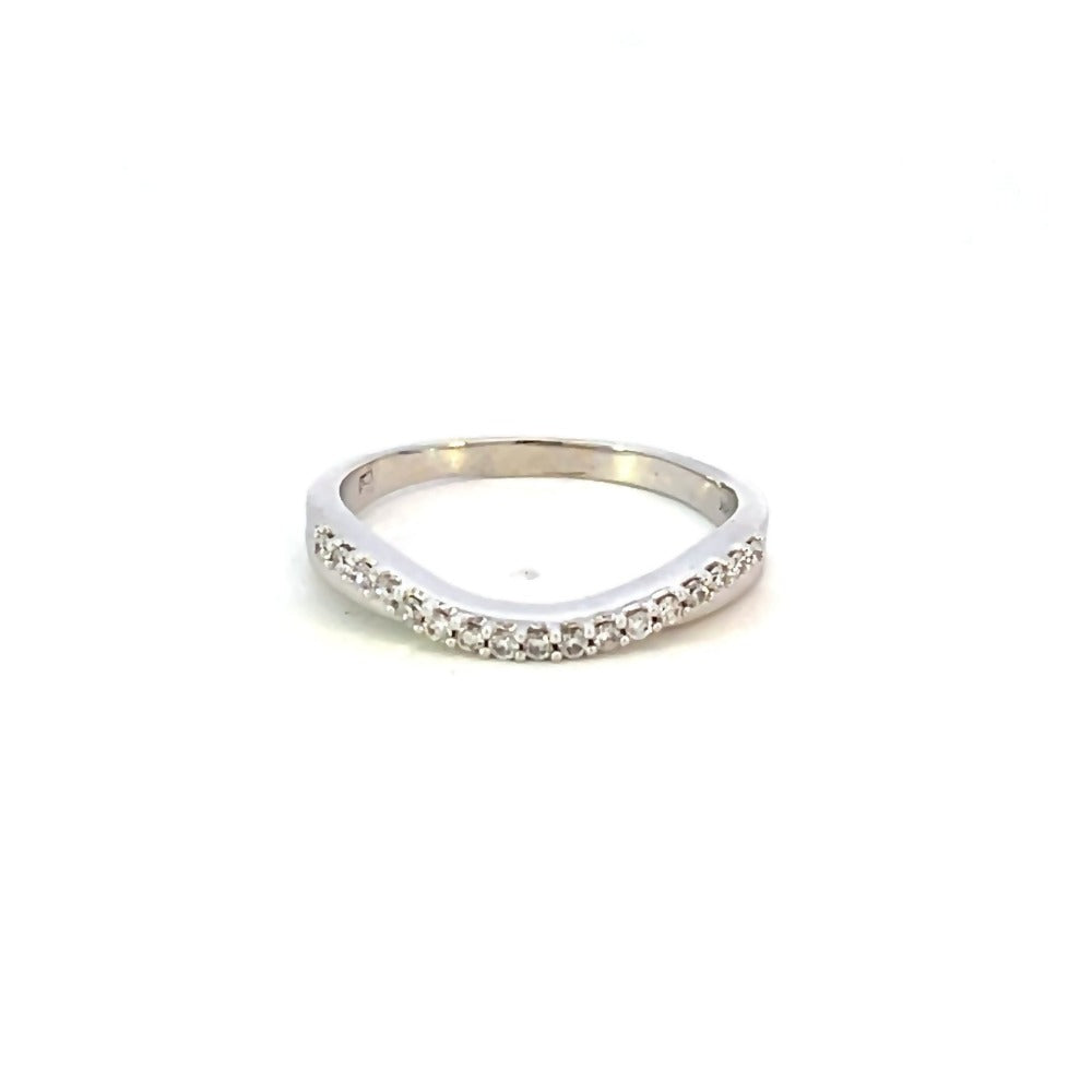front view of 14k white gold curved diamond wedding band