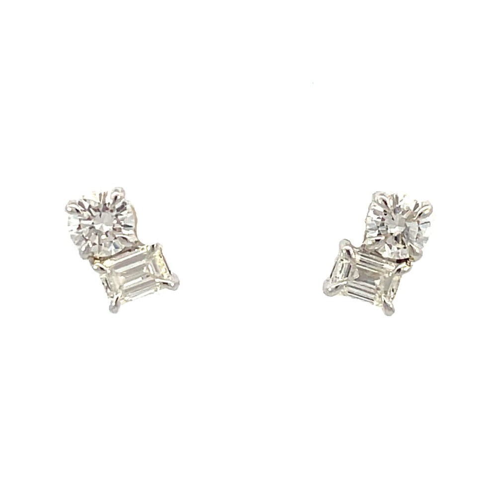 14KW Two Stone Lab Grown Emerald and Round Cut Diamond Earrings 1 CTW