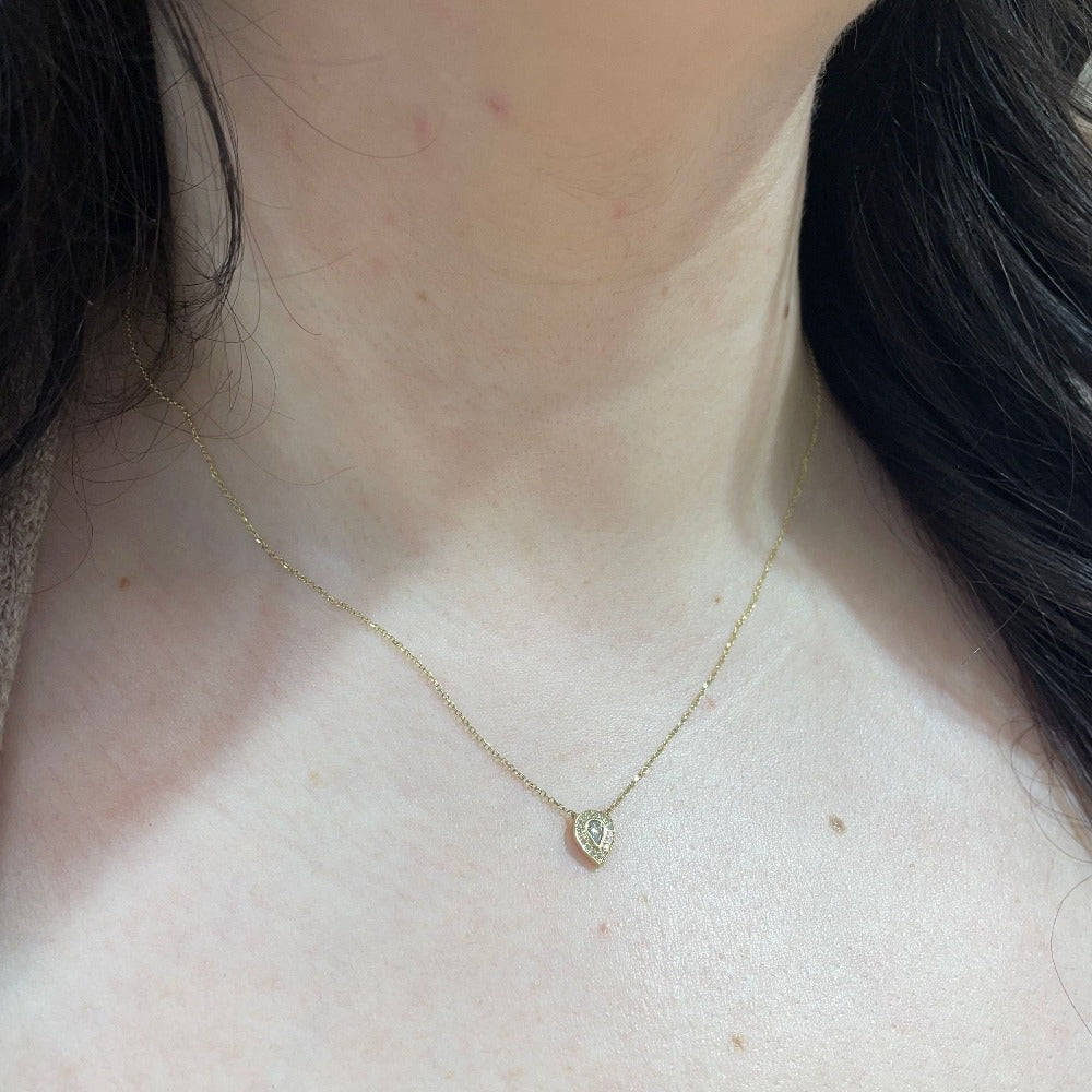 SallyK 10KY Pear Center and Round Diamond Halo Pendant 1/6CTW