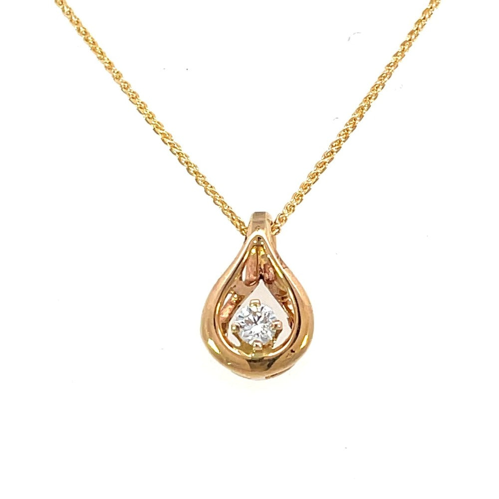front view of 14ky gold and diamond teardrop shaped pendant on wheat chain