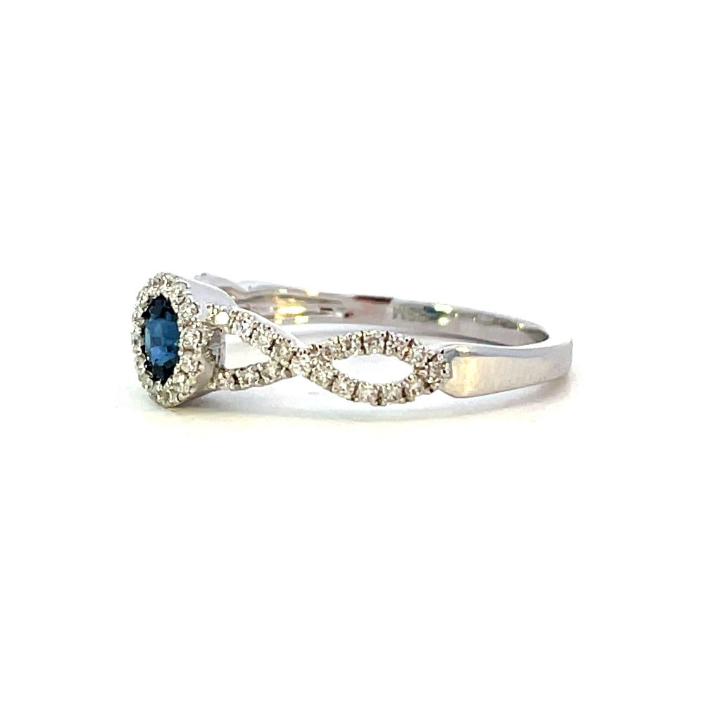 14KW Round Blue Sapphire and Diamond Ring with Halo and Criss Cross Shank side 2