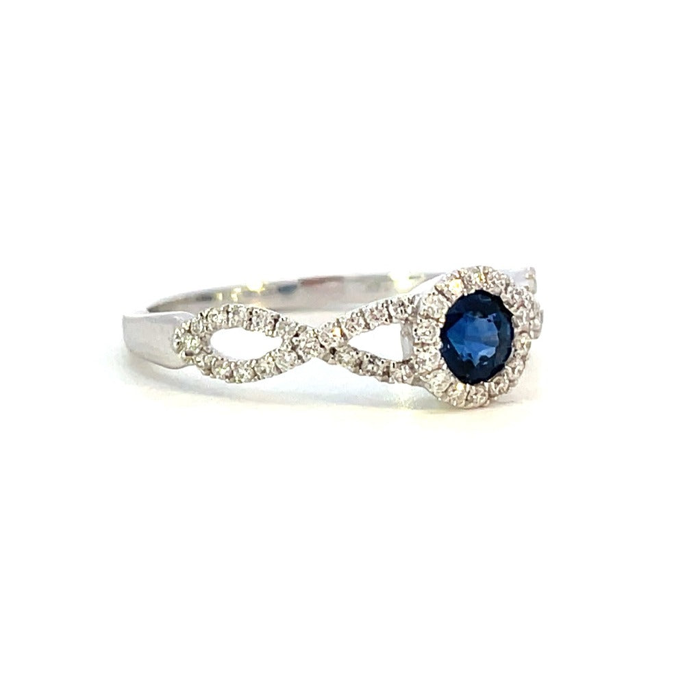 14KW Round Blue Sapphire and Diamond Ring with Halo and Criss Cross Shank side 1