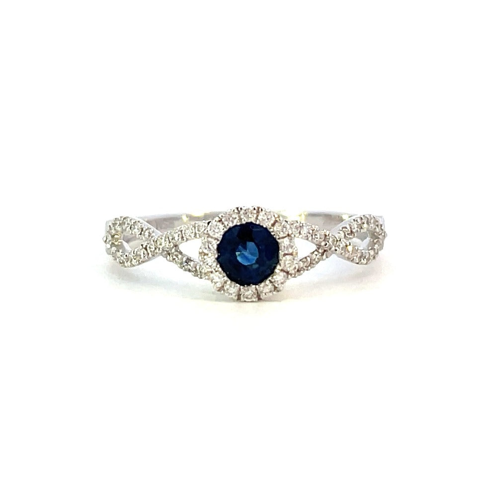 14KW Round Blue Sapphire and Diamond Ring with Halo and Criss Cross Shank