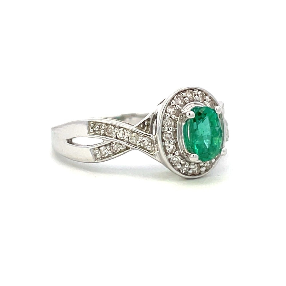 14KW Oval Lab Grown Emerald and Diamond Ring 1/5 CTW side 1