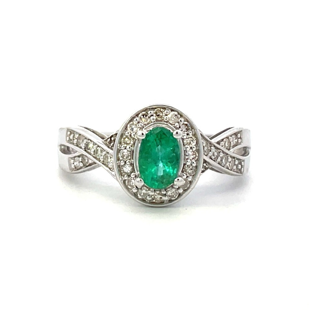 14KW Oval Lab Grown Emerald and Diamond Ring 1/5 CTW