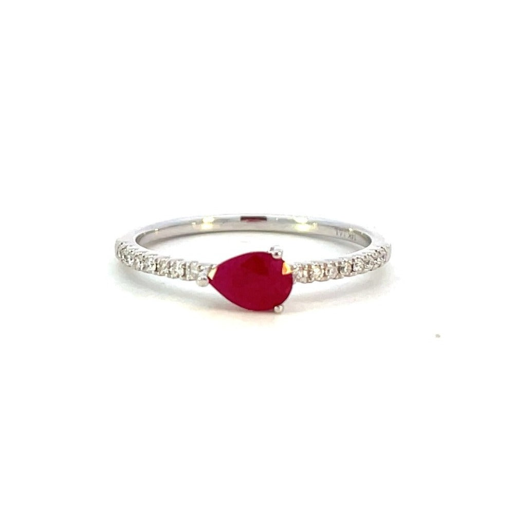 14KW Pear Shaped Ruby Fashion Ring with Diamond Accents