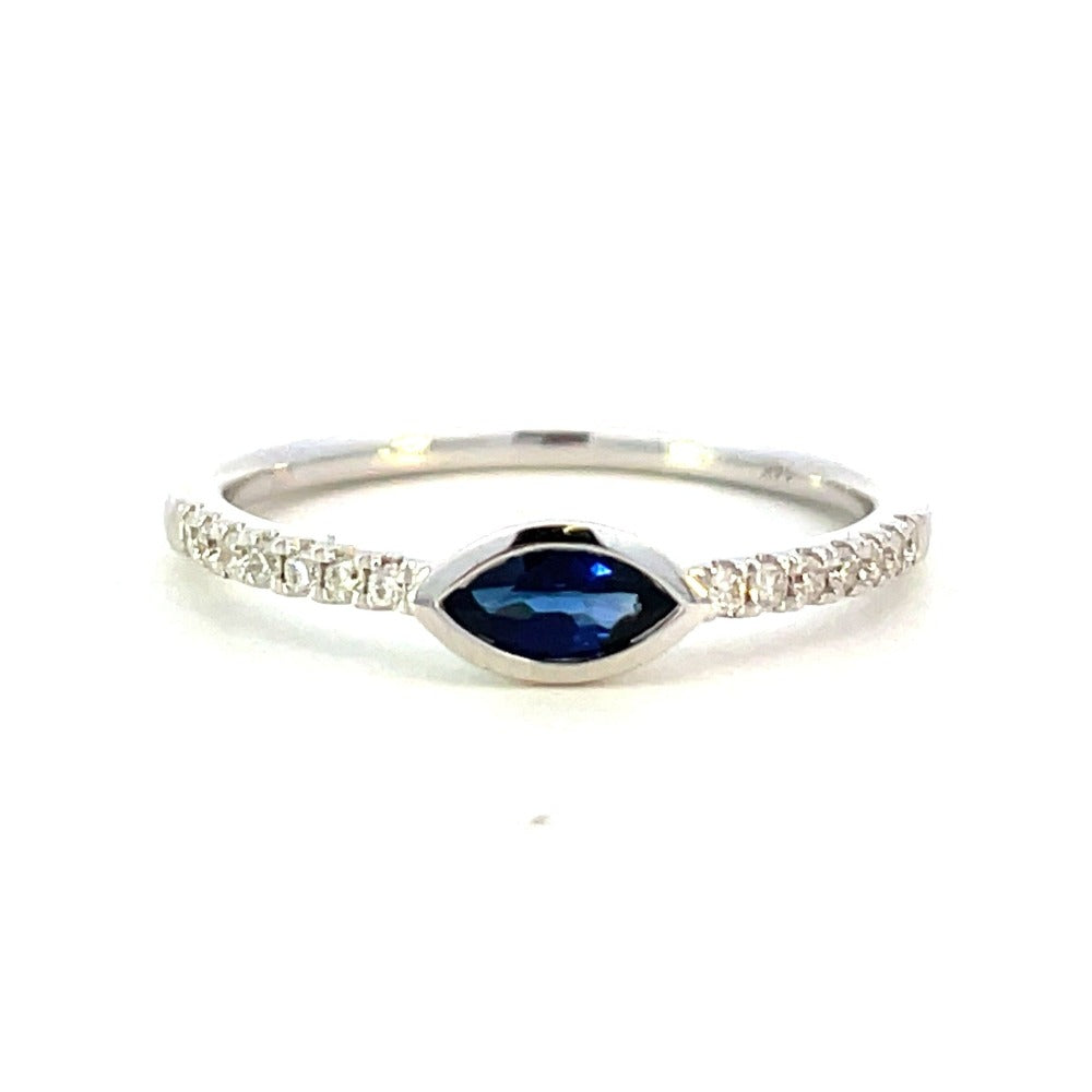 14KW East-West Marquise Blue Sapphire Ring with Diamond Accents 1/10 CTW