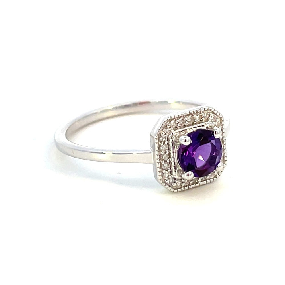 10K White Gold Amethyst and Diamond Halo Ring side 1