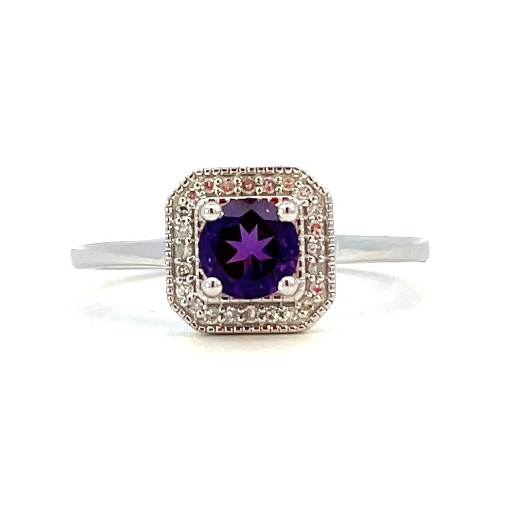 10K White Gold Amethyst and Diamond Halo Ring