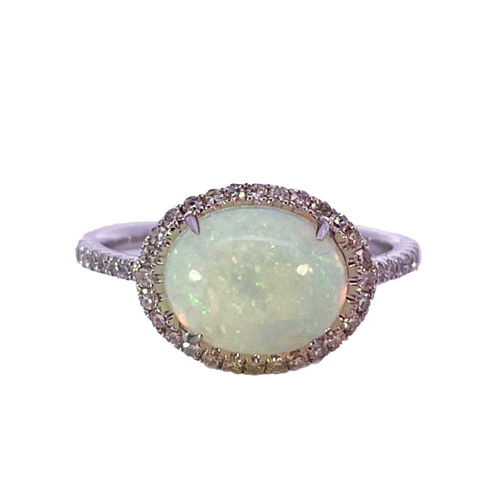 14KW Oval Opal with Diamond Halo .25 CTW Diamonds