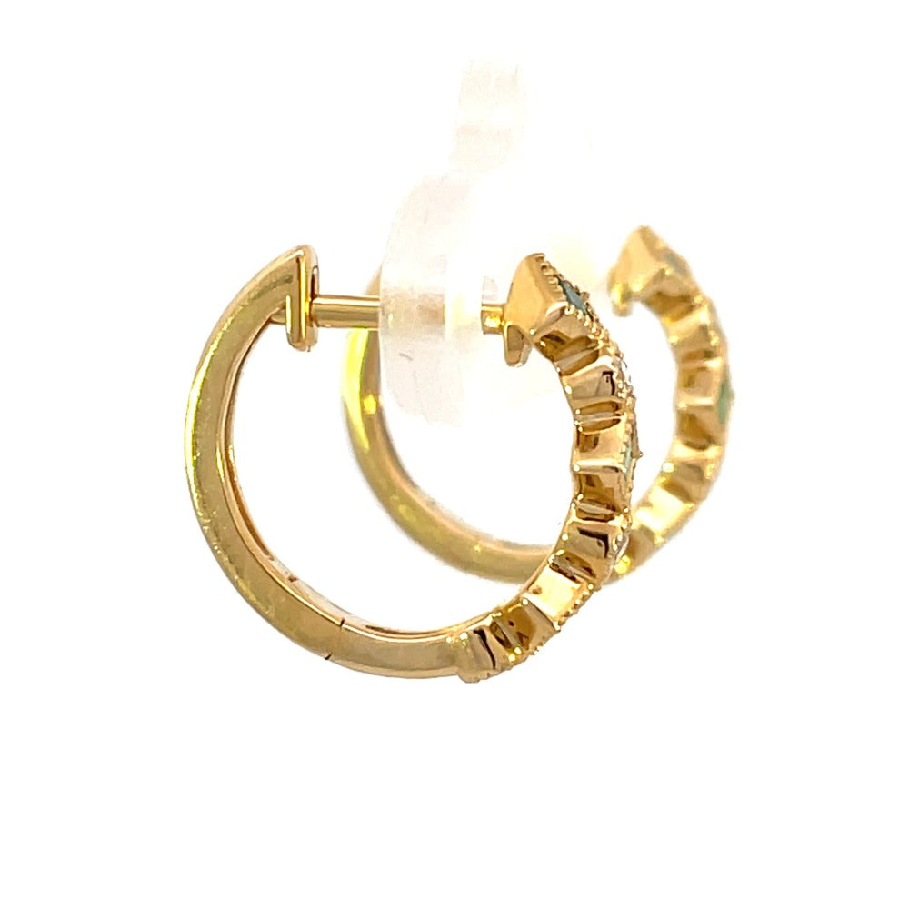 14KY Emerald and Diamond Huggie Hoop Earrings side 2