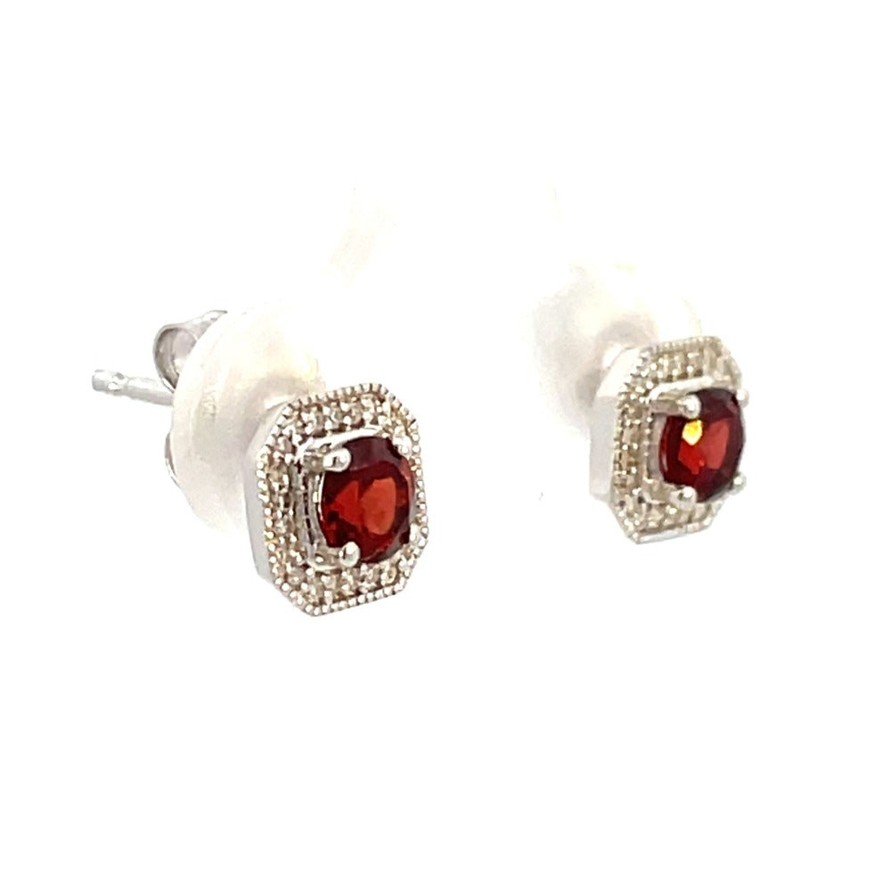 10KW Square Shaped Garnet and Diamond Halo Style Earrings side angle