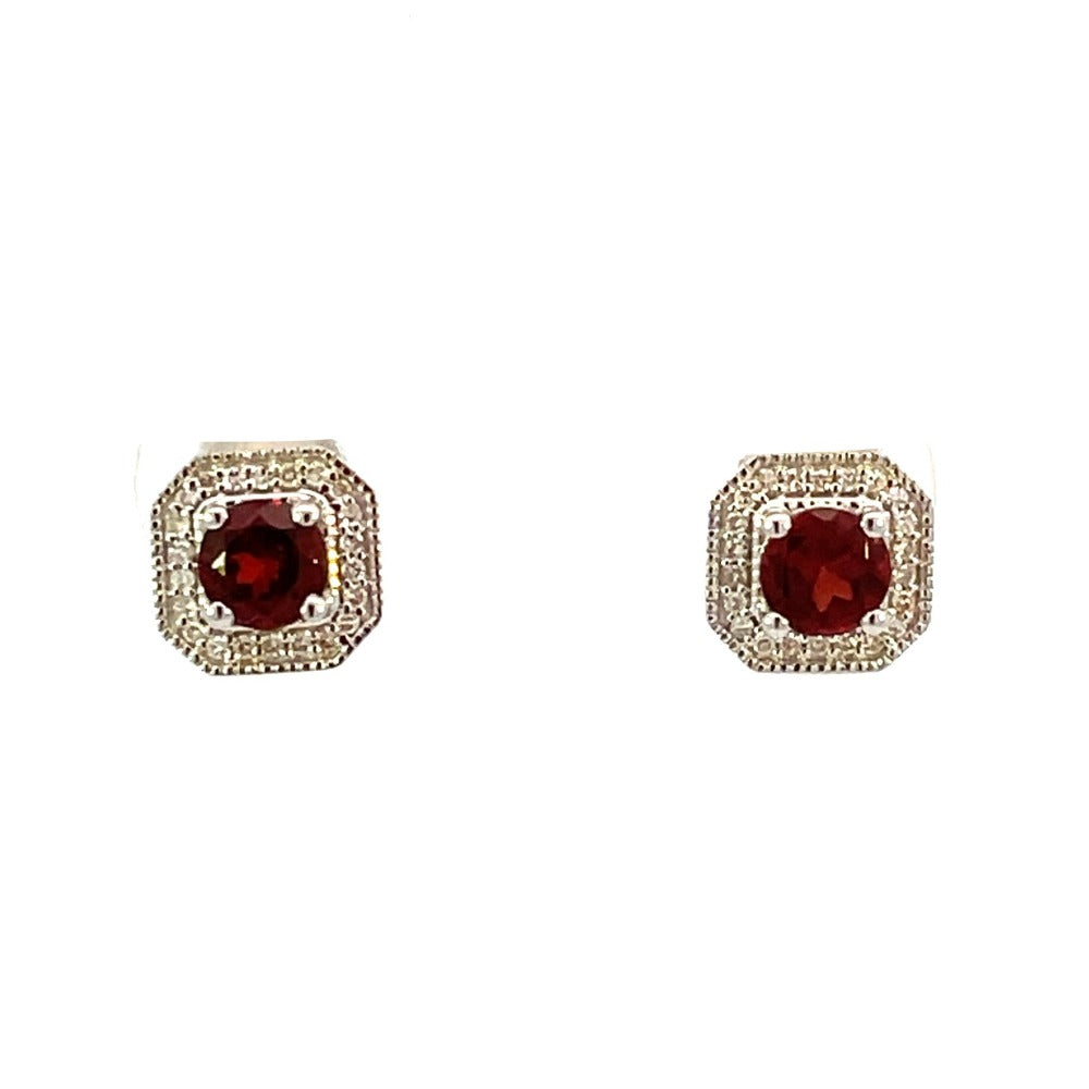 10KW Square Shaped Garnet and Diamond Halo Style Earrings