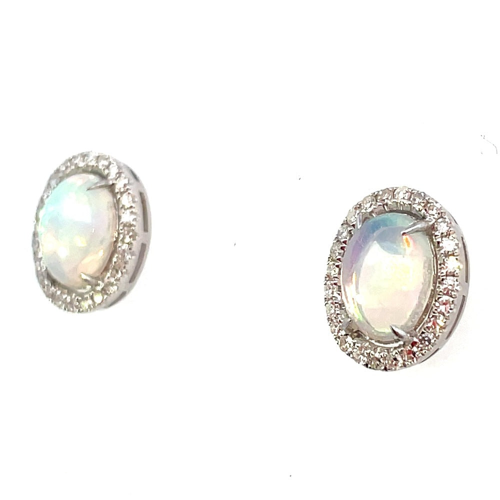 14KW Oval Opal Earrings with Diamond Halo .29 CTW