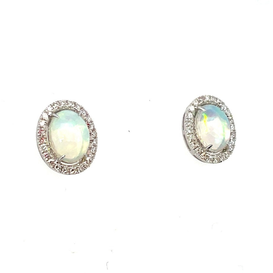 14KW Oval Opal Earrings with Diamond Halo .29 CTW