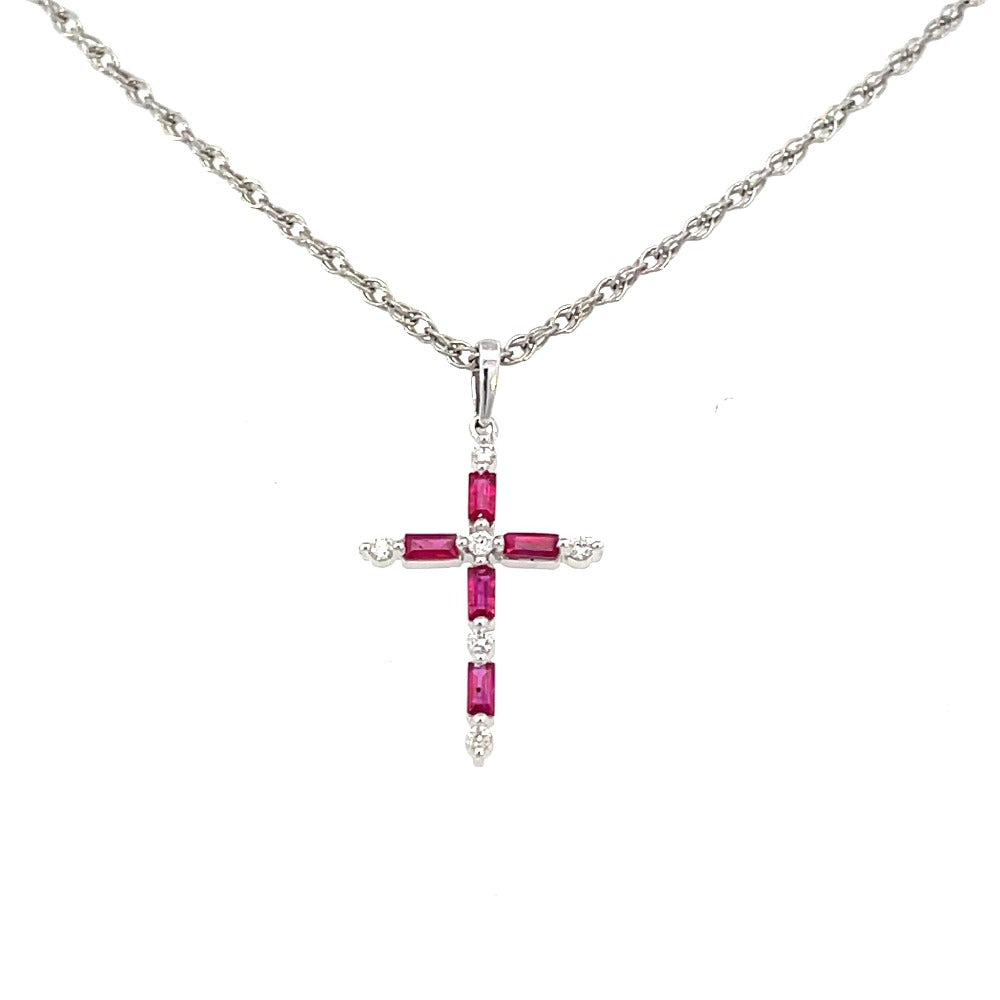 14KW Baguette Ruby and Round Diamond Cross Pendant