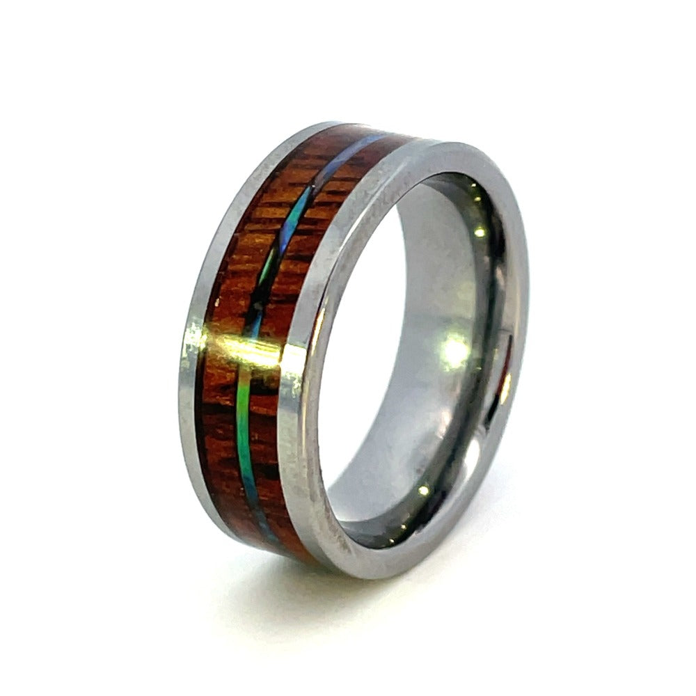 Men's 8mm Tungsten Band with Koa Wood and Abalone Inlay
