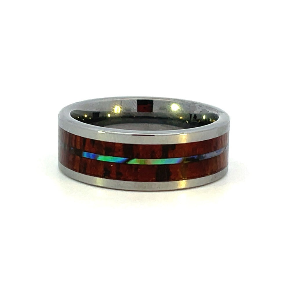 Men's 8mm Tungsten Band with Koa Wood and Abalone Inlay 