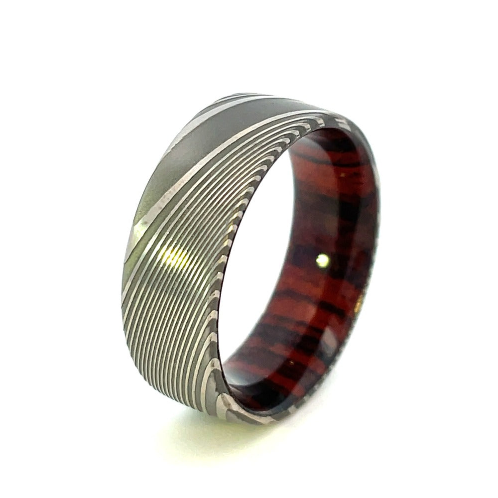Men's 8mm Twisted Damascus Band with Cocobolo Wood side 