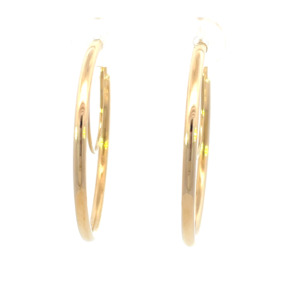 head on view of yellow gold variant of 30mm hoops with security wire.