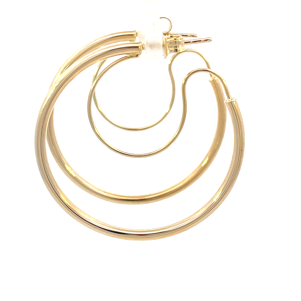 side view of yellow gold variant of 30mm hoops with security wire.