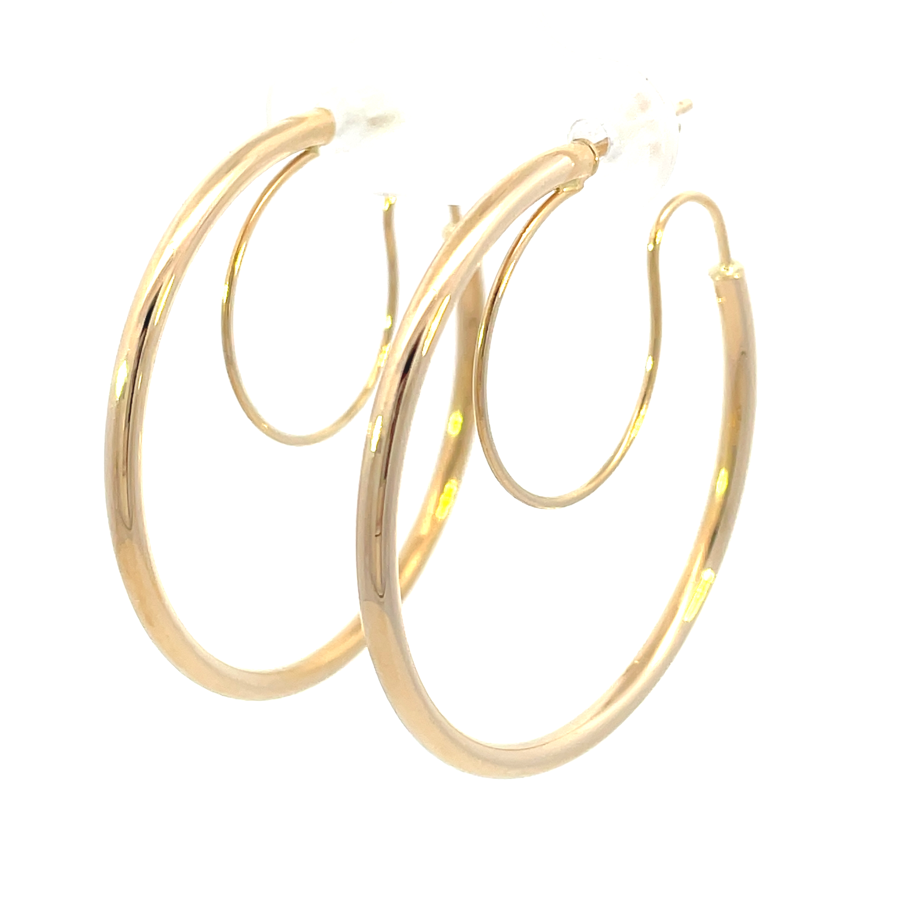 Angled view of yellow gold variant of 30mm hoop with security wire.