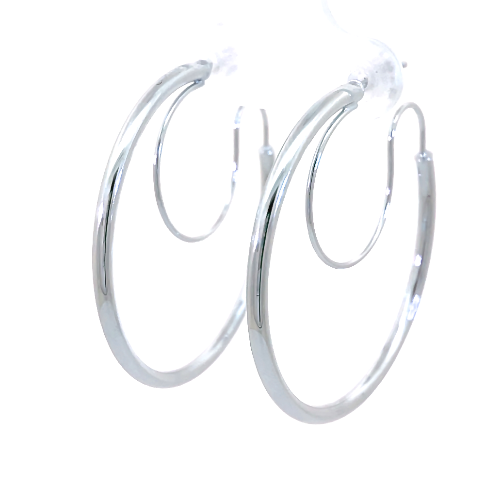 angled view of white gold variant of 30mm hoops with security wire.