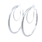 angled view of white gold variant of 30mm hoops with security wire.
