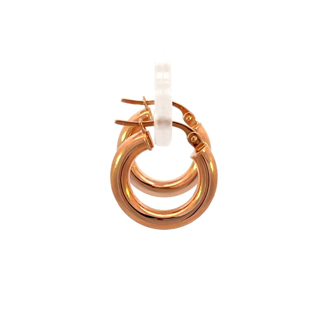 Side view picture of 10mm 14k rose gold tube hoop earrings. Picture shows size of hoop and closure.