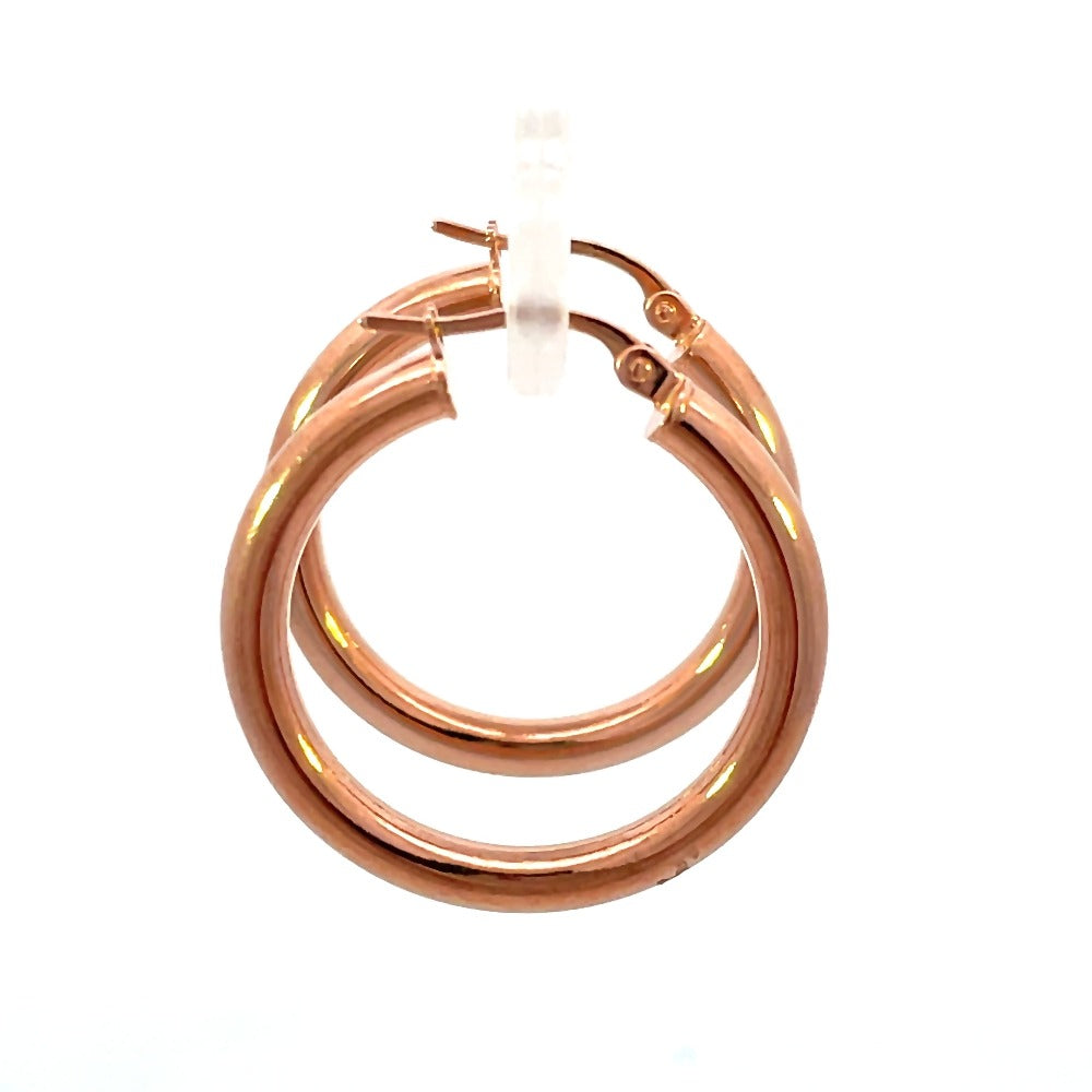 side view of 20mm 14k rose gold tube hoop earrings. picture shows size of hoop as well as closure.